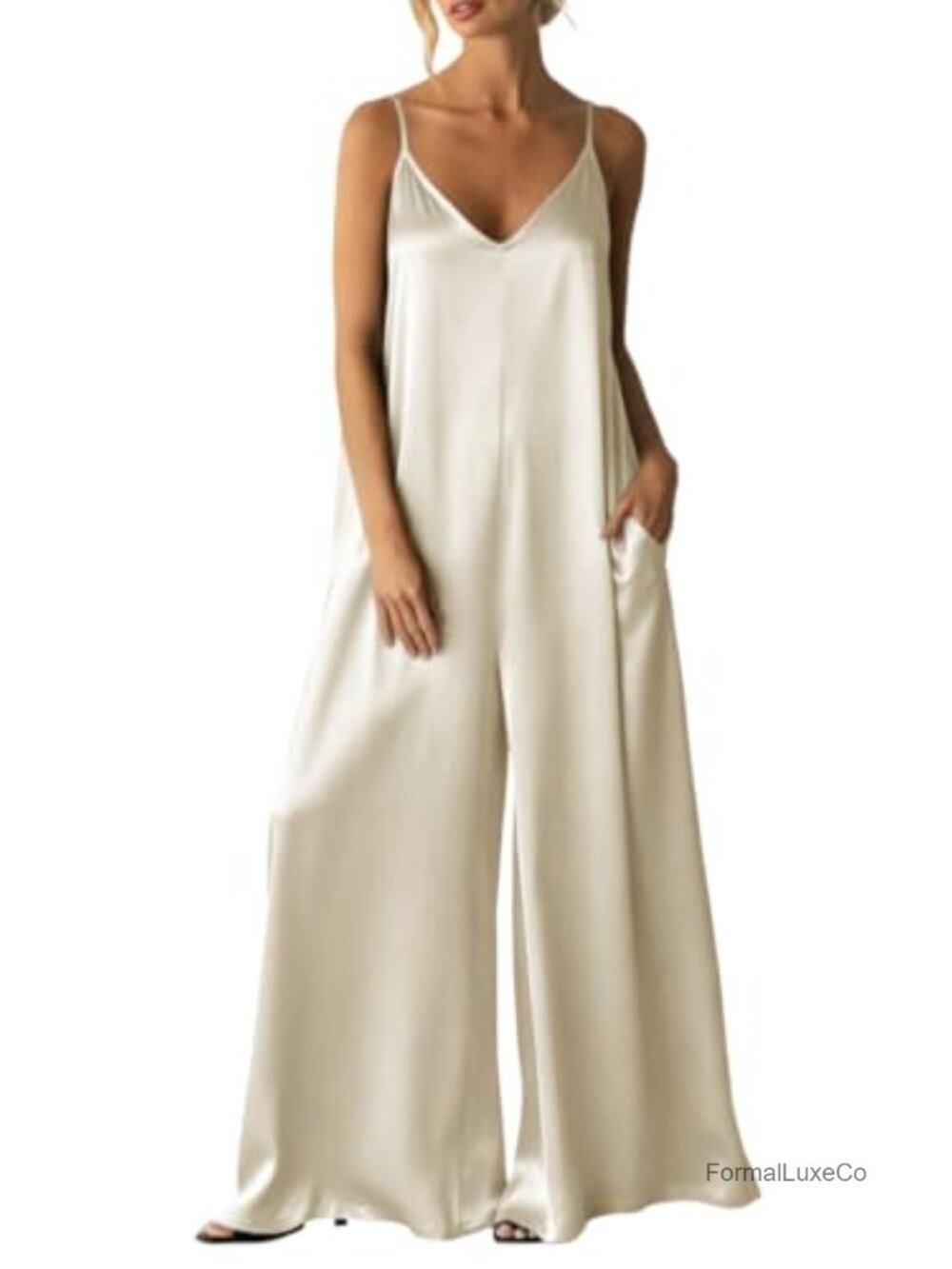 Womens Satin Wide Leg Jumpsuit V-Neck Spaghetti Strap Dressy Date Night